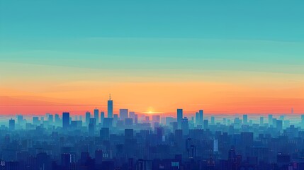 Fototapeta premium Majestic Minimalist Cityscape at Sunrise Geometric Urban Skyline in Serene Blue and Orange Hues