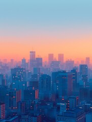 Fototapeta premium Minimalist Digital Cityscape at Sunrise with Geometric Shapes and Pastel Colors