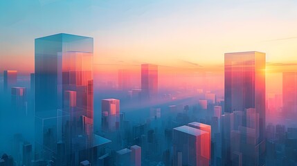 Minimalist Cityscape Sunrise with Geometric Skyscrapers and Vibrant Color Palette