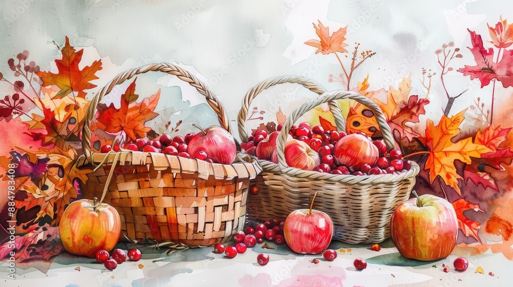 Aufkleber Two wicker baskets filled with red apples and cranberries sit on a white surface. The baskets are surrounded by fallen autumn leaves in shades of red, orange, and yellow. The image is rendered in a wa