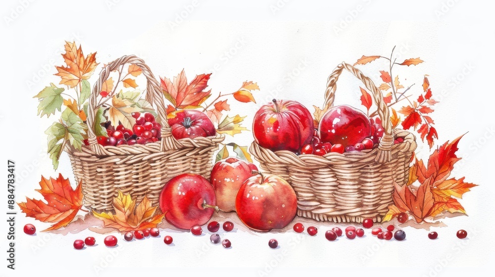 Aufkleber two wicker baskets filled with red apples and cranberries are depicted in a watercolor painting. the