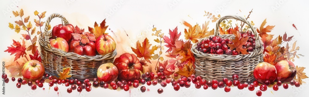 Aufkleber a watercolor painting depicts a bountiful fall harvest with two wicker baskets filled with red apple