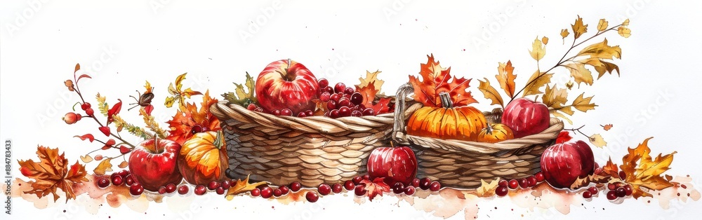 Poster a watercolor painting depicts a still life scene of an autumn harvest. two wicker baskets overflowin
