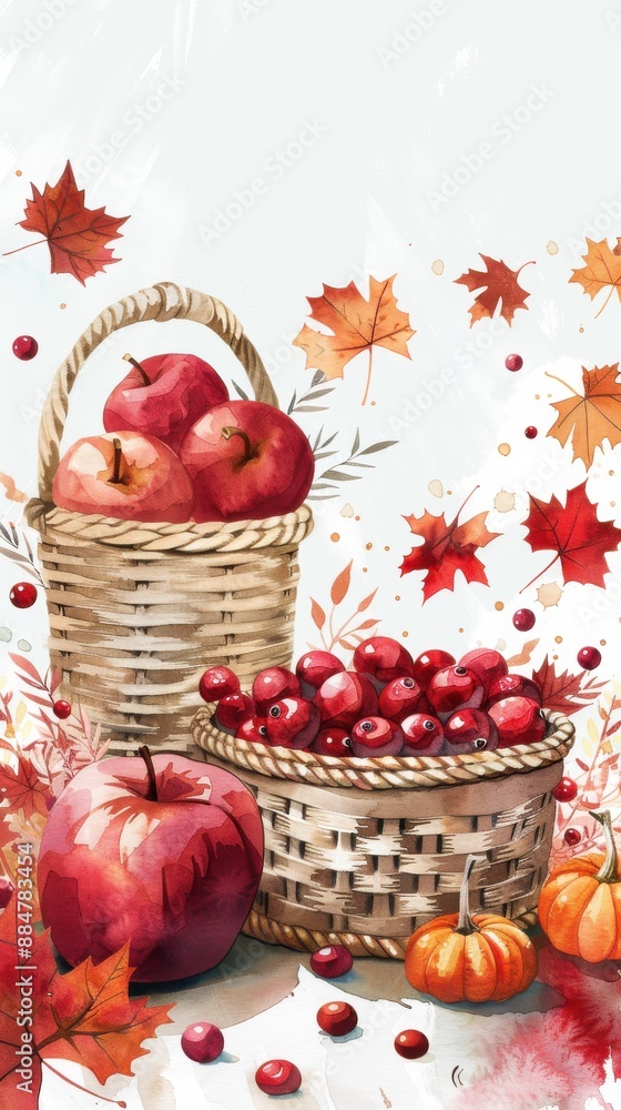 Aufkleber a watercolor painting depicting a still life arrangement of fall harvest items. there are three appl