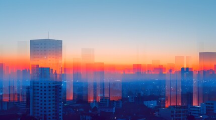Minimalist Digital Cityscape at Sunrise with Geometric Shapes and Calm Color Palette