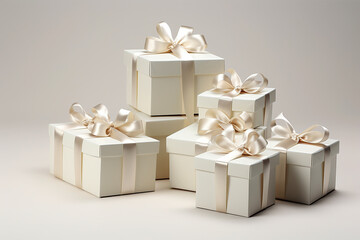 generated illustration of  heap of white wrapped present boxes with bows.