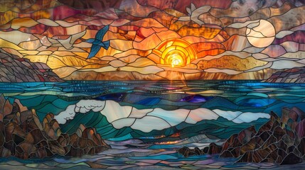 stained glass art of A dramatic coastal scene with crashing waves, seagulls in flight, and a vibrant sunset casting hues of orange and pink across the water. 