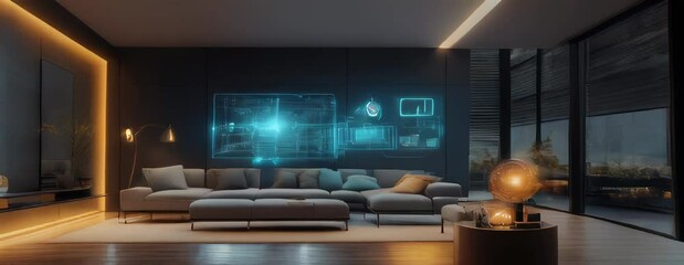 Modern living room with IoT technology and futuristic holographic display, cozy ambiance.