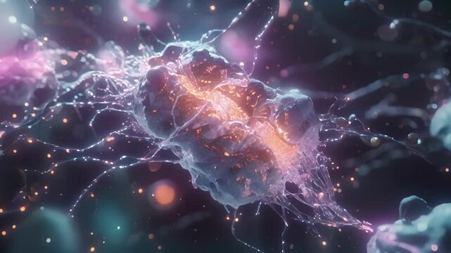 Closeup of a synapse showing vesicles releasing neurotransmitters and transporters actively reuptaking them.
