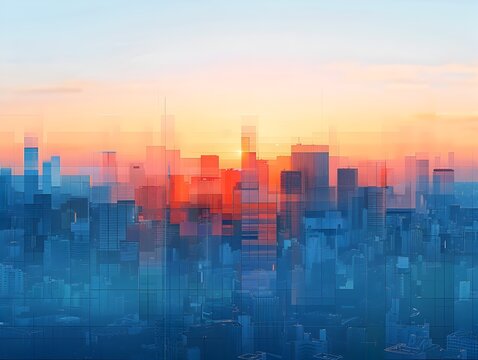 Minimalist Digital Artwork of Serene Cityscape at Sunrise with Geometric Shapes and Soft Colors