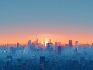 Fototapeta premium Serene Minimalist Cityscape at Sunrise with Geometric Skyscrapers and Calm Color Palette