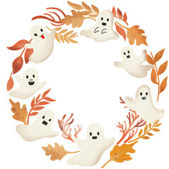 Watercolor halloween wreath with little ghost and orange leaves.