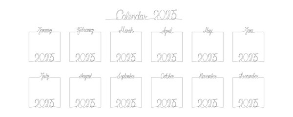 2025 calendar with hand drawing month and year sign in frame. Vector illustration isolated on white background for design template print materials, daily planner. Editable stroke one single line.