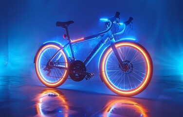 Fototapeta premium Futuristic Bicycle with Neon Lights in a Dark Studio Setting