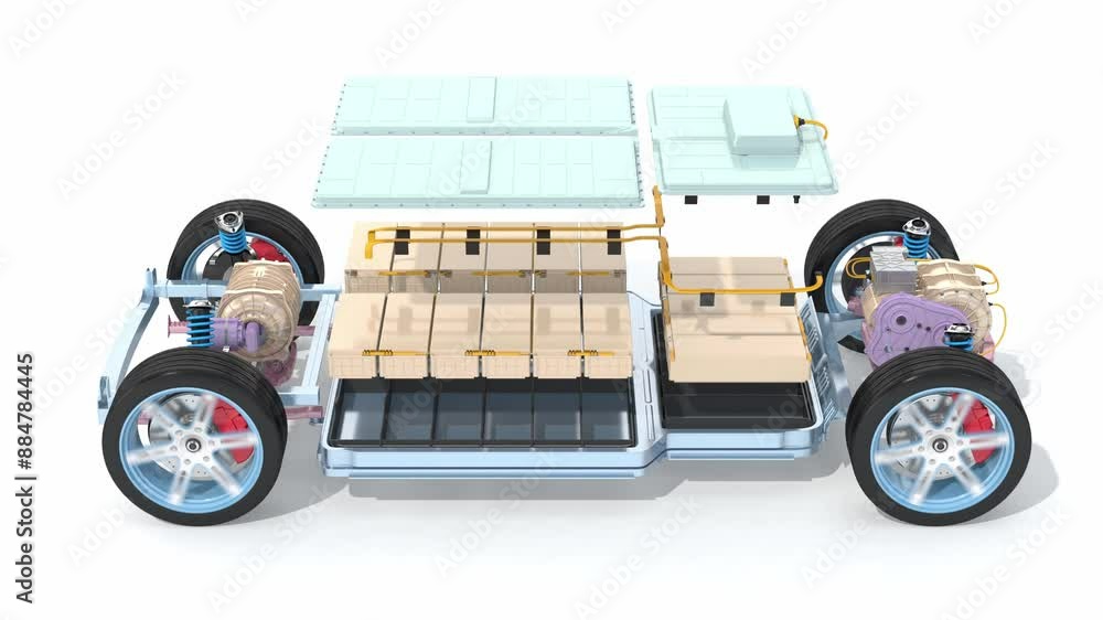 Aufkleber explode view of electric vehicle chassis equipped with battery pack on white background. 3d renderin