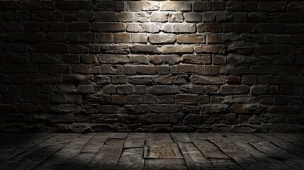 Dark Brick Wall with Spotlit Center and Wooden Floor