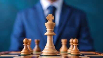 Businessman in a suit behind a chessboard, symbolizing strategic planning, decision-making, and leadership.