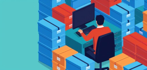 Businessman using a computer, surrounded by organized storage boxes, representing efficient document management.