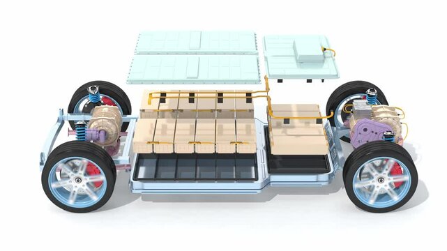 Explode view of electric vehicle chassis equipped with battery pack on white background. 3D rendering animation.