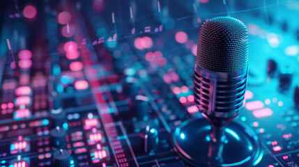 high-tech broadcasting microphone in an audio production setup with abstract voice over waveforms and digital sound editing tools. Podcasting concept
