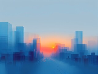 Minimalist Cityscape at Sunrise Geometric Shapes and Calm Color Palette