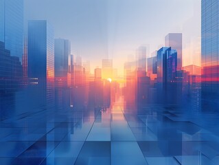 Obraz premium minimalist digital artwork of a serene cityscape at sunrise with geometric shapes and a calming color palette