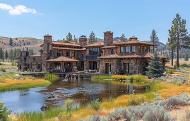 Fototapeta premium Luxurious Rustic Stone Mansion with Scenic Pond and Mountain Views in Countryside Setting