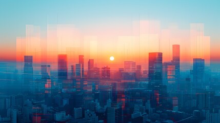 Fototapeta premium Minimalist Digital Artwork of Serene Cityscape at Sunrise With Geometric Shapes and Calming Color Palette