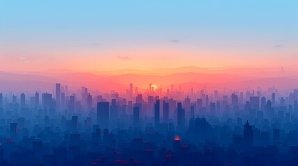 Serene Geometric Cityscape at Sunrise in Tranquil Color Palette