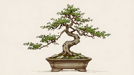 Illustration of a bonsai tree, symbolizing patience, contemplation, and the art of miniature gardening in Japanese culture. Use intricate details to showcase the tree's form and tiny leaves.

