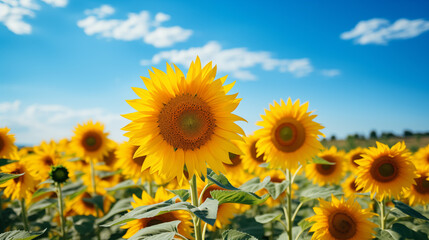 Obraz premium Sunflower field with cloudy blue sky