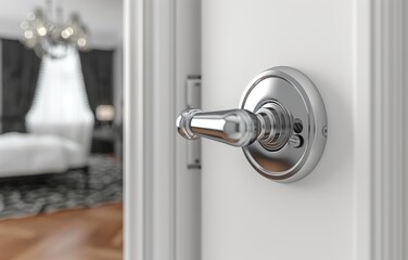 Naklejka premium Modern Silver Door Handle on White Door with Blurred Bedroom Background in Contemporary Home