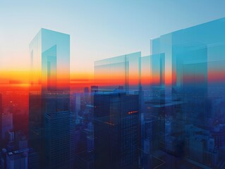 Obraz premium Minimalist Digital Cityscape with Geometric Shapes and Vibrant Sunrise Colors