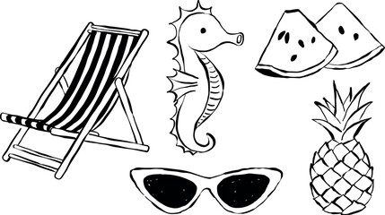 Ilustración de verano dibujadas a mano.  Iconos en vector para invitaciones, papelería, diseño. Clipart de verano. Ilustración de caballito de mar, silla de playa, sandia, lente, piña