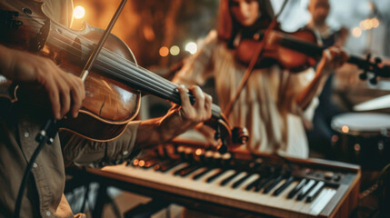 Musicians playing instruments such as guitars, pianos, violins, or drums. Highlight the expression and connection they feel while making music, either alone or in a group.