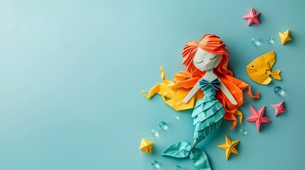 Fototapeta premium Whimsical Origami Mermaid on Vibrant Colored Background with Copy Space