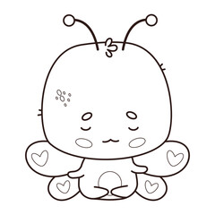 Cute calm butterfly meditating. Outline cartoon kawaii character insect yogi sitting in an asana. Line drawing, coloring book. Vector illustration. Kids collection