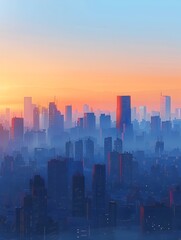 Fototapeta premium Minimalist Digital Cityscape at Sunrise with Geometric Shapes and Calming Color Palette