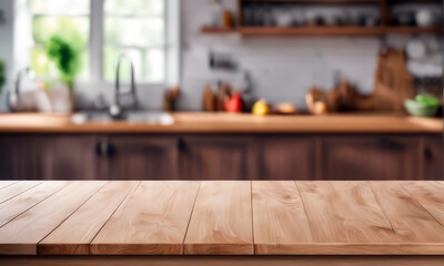 Empty wooden table and blurred kitchen background. food design background