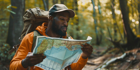 Fototapeta premium African Man Navigating with Map on a Hiking Trip. travel concept