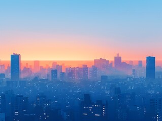 Minimalist Cityscape Sunrise with Geometric Shapes and Vibrant Color Palette