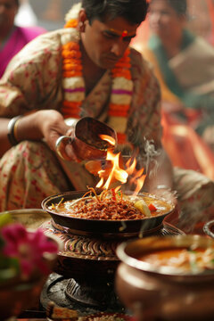 Hindu priest performing ritual during traditional marriage ceremony