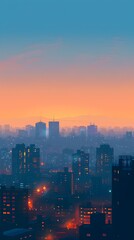 Obraz premium Minimalist Digital Cityscape at Sunrise with Geometric Shapes and Serene Color Palette