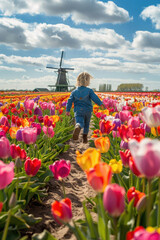 child running through a colorful tulip field