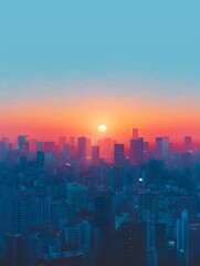 Fototapeta premium Minimalist Digital Cityscape at Sunrise with Geometric Shapes and Calming Color Palette