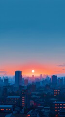 Fototapeta premium Minimalist Digital Artwork of Serene Cityscape at Sunrise with Simple Geometric Shapes and Calm Color Palette