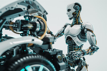 Fototapeta premium Artificial Intelligence Robot Fixing Modern Electric Vehicles in Active Car Repair Garage, on White Background