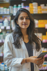 Indian beautiful woman pharmacist holding a tablet while working in a drugstore