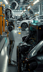 AI Robot Mechanic Repairing Advanced Electric Vehicles in a Bustling Auto Repair Shop, on White Background