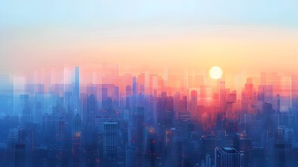 Fototapeta premium Minimalist Digital Artwork of Serene Cityscape at Sunrise with Geometric Shapes and Calm Color Palette